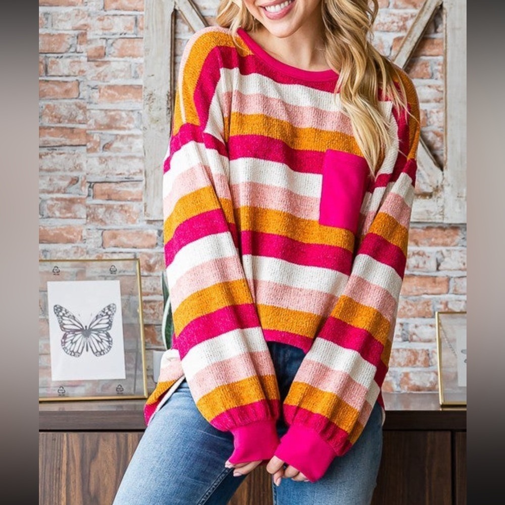 NEW Heimish Chenille Balloon Puff Long Sleeve Stripe Pocket Pink Sweater Top